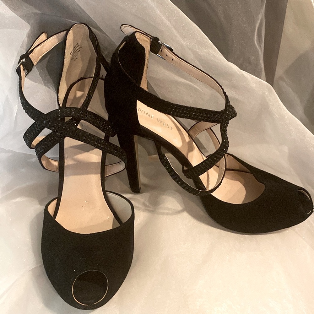 Nine West black peep toe black suede heels with beaded straps. Size 8 1/2.
